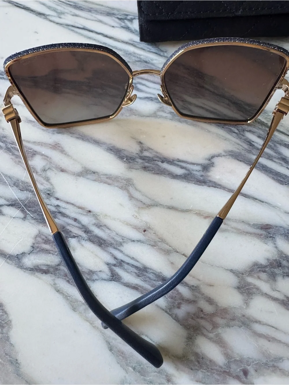 CHANEL Gold & Denim Blue Square Sunglasses with Quilted Case